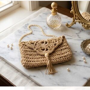 Chic Crochet Tan Clutch with Tassel